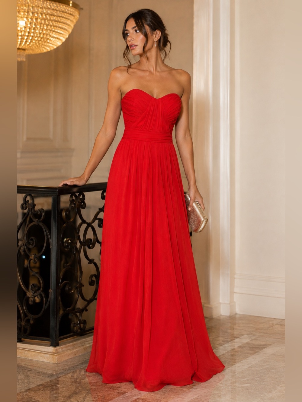 Badgley Mischka Collection Red Strapless Ruched Formal Evening Gown Size 6